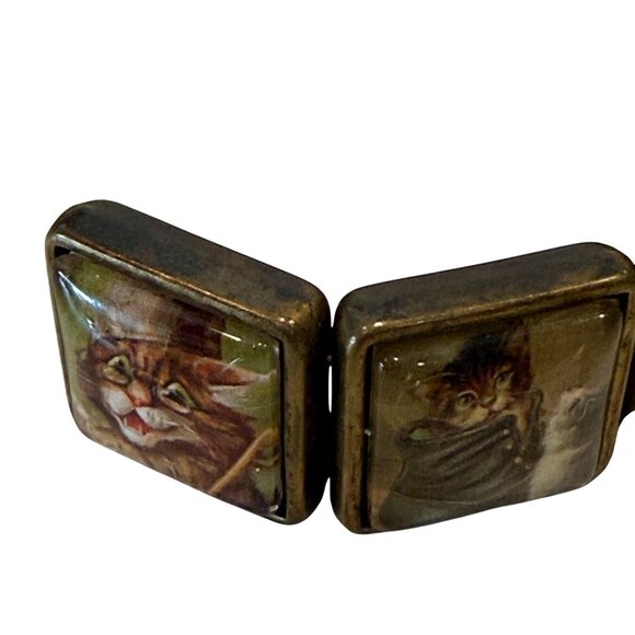 Bezel Set Cats Picture Charm Stretch Bracelet Vintage 7" - Picture 4 of 6